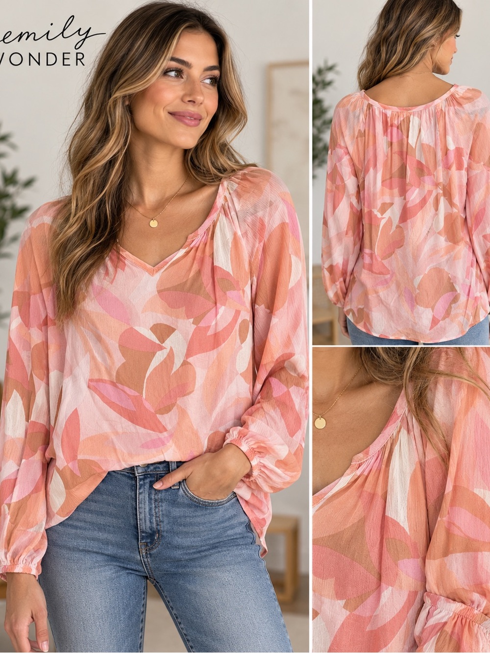 Emily Wonder Floral Print Long Sleeve Blouse Pink Peach Size Large NWT